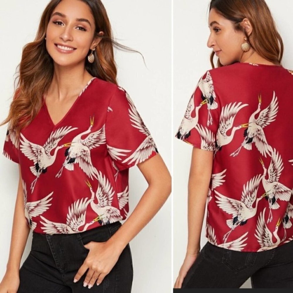 Shein Crane Bird Print Hi Low V Neck Blouse Small